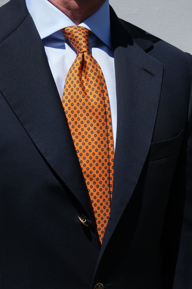 3-Fold Floral Printed Silk Tie - Orange/Light Blue/Beige/Black - Brunati Como