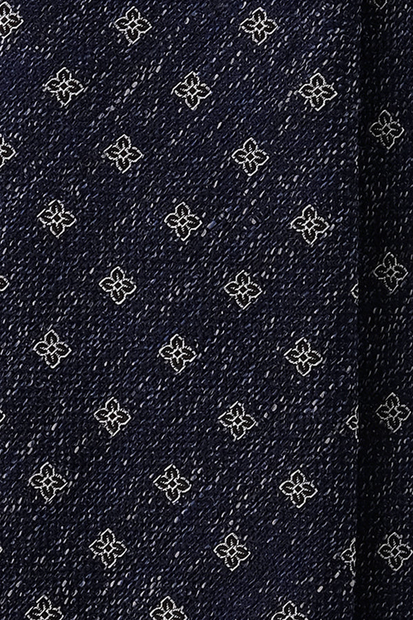 Handrolled Floral Silk Linen Jacquard Tie - Navy Melange - Brunati Como
