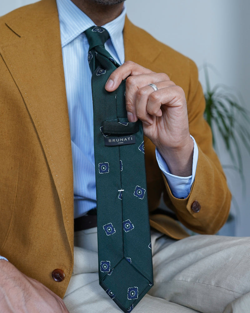 3-Fold Medallion Silk Jacquard Tie - Forest / Navy - Brunati Como®