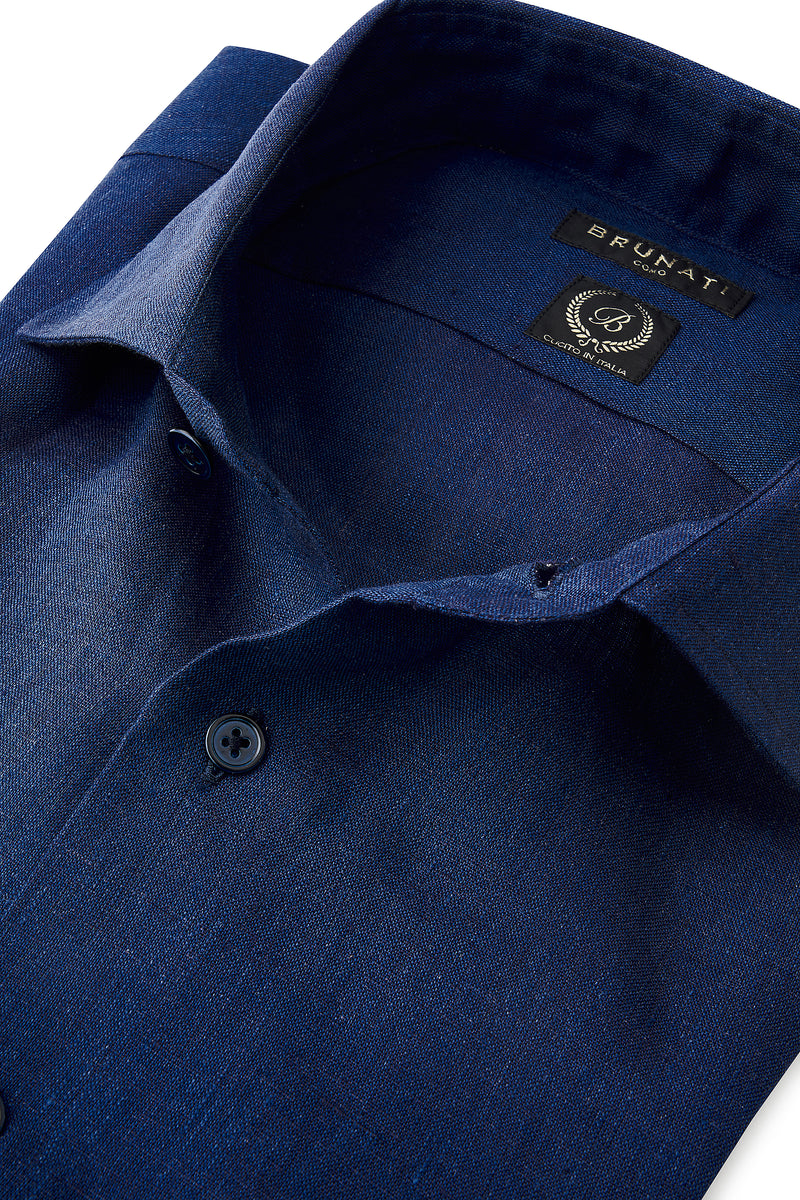 Linen Cutaway Collar Shirt - Navy - Brunati Como®