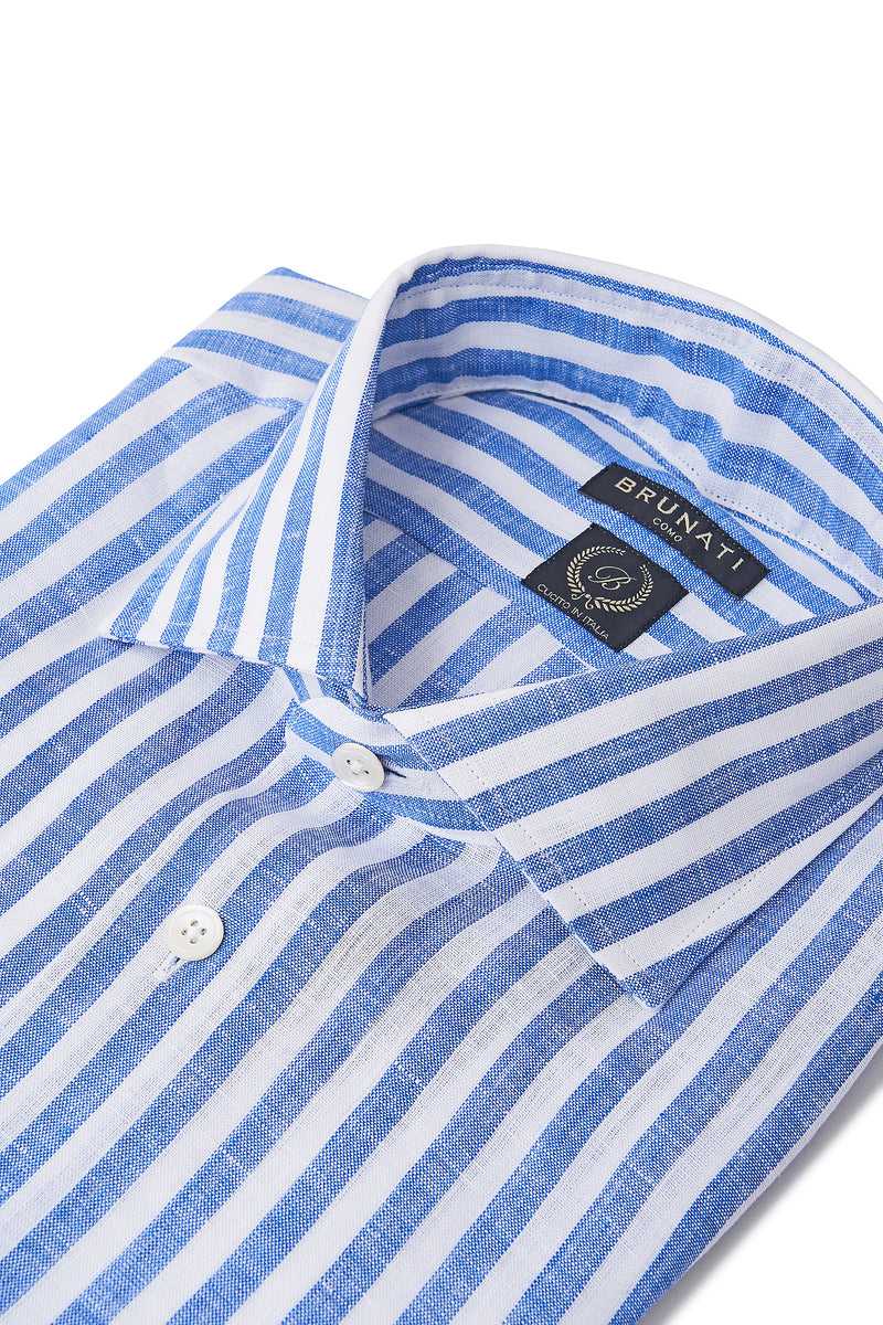 Striped Linen Cutaway Collar Shirt - White/Blue - Brunati Como®