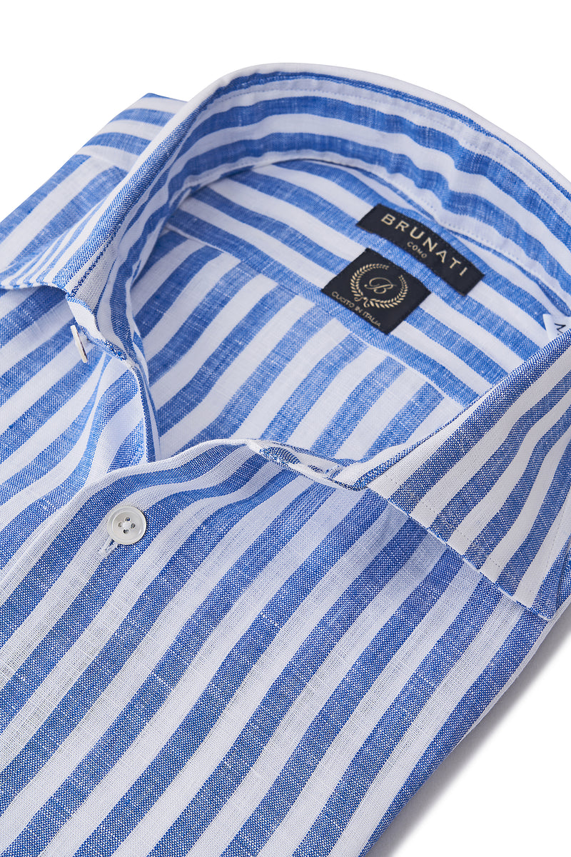 Striped Linen Cutaway Collar Shirt - White/Blue - Brunati Como®
