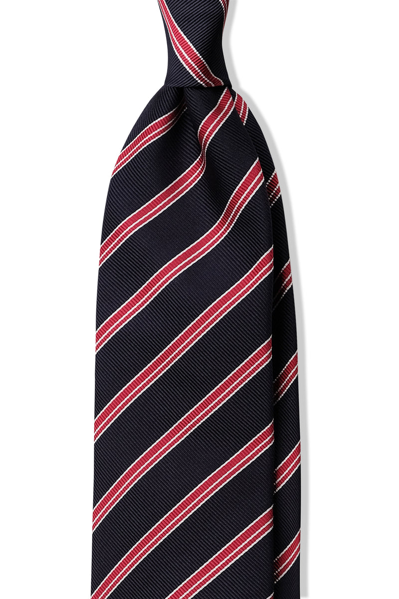 3-Fold Striped Repp Silk Tie - Dark Navy / Red - Brunati Como®