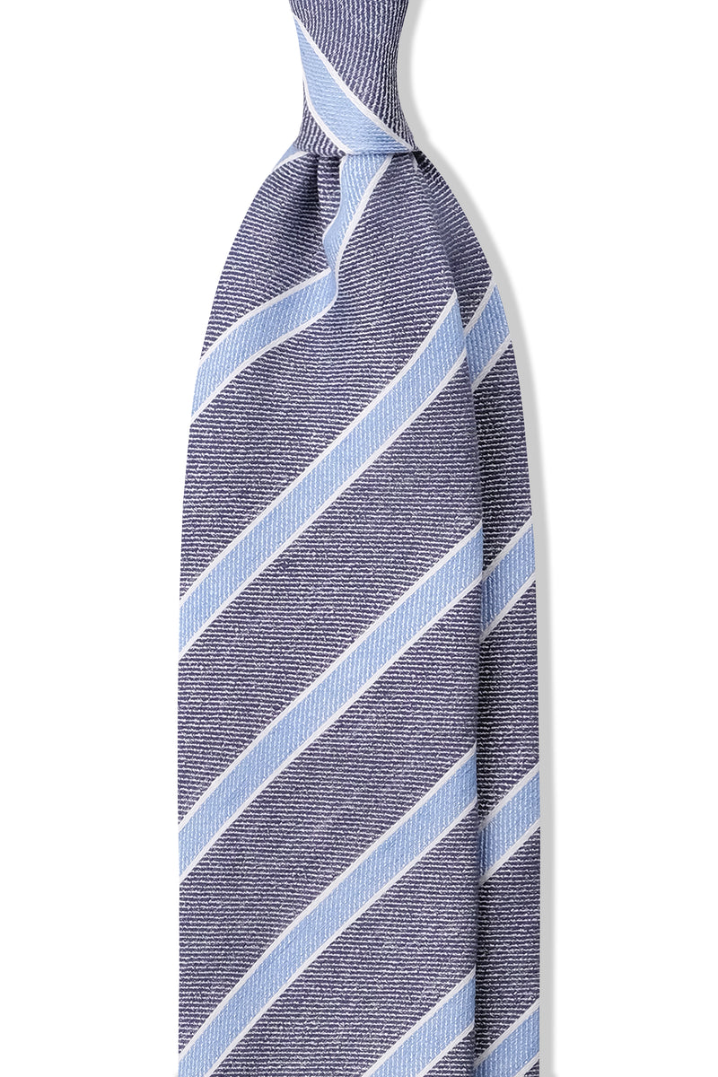 Handrolled Striped Silk Linen Tie - Navy / Light Blue / White - Brunati Como®
