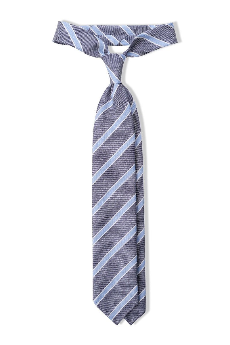 Handrolled Striped Silk Linen Tie - Navy / Light Blue / White - Brunati Como®