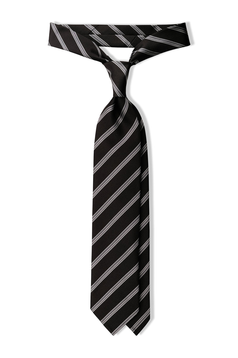3-Fold Striped Repp Silk Tie - Black / Grey - Brunati Como®