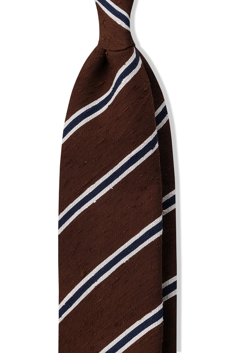 3-Fold Striped Silk Shantung Tie - Brown/Navy/White - Brunati Como®