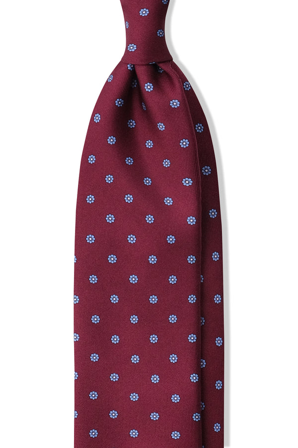 3-Fold Floral Printed Silk Tie - Burgundy/Light Blue/White