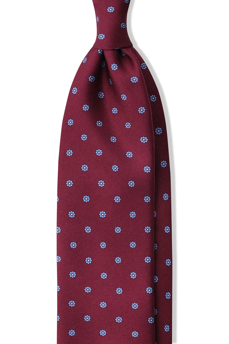 3-Fold Floral Printed Silk Tie - Burgundy/Light Blue/White - Brunati Como®