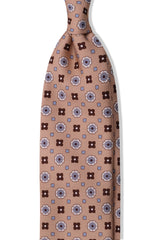 3-Fold Floral Patterned Printed Silk Tie - Beige / Brown / Light Blue Blue