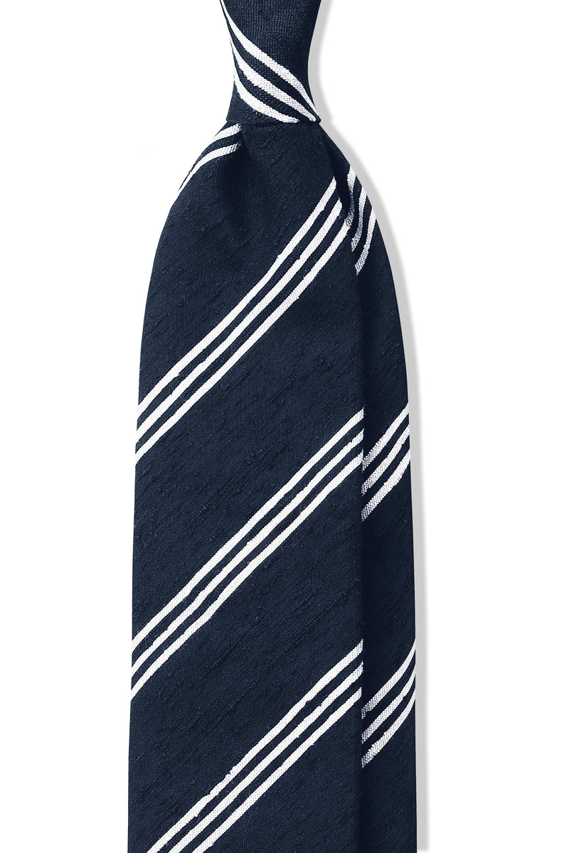 3-Fold Striped Silk Shantung Tie - Navy/White - Brunati Como®