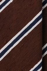 3-Fold Striped Silk Shantung Tie - Brown/Navy/White - Brunati Como®