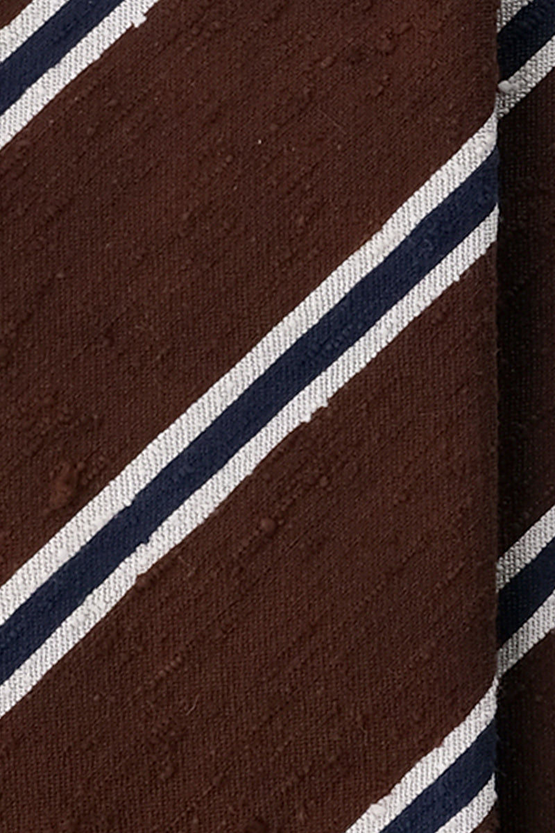 3-Fold Striped Silk Shantung Tie - Brown/Navy/White - Brunati Como®