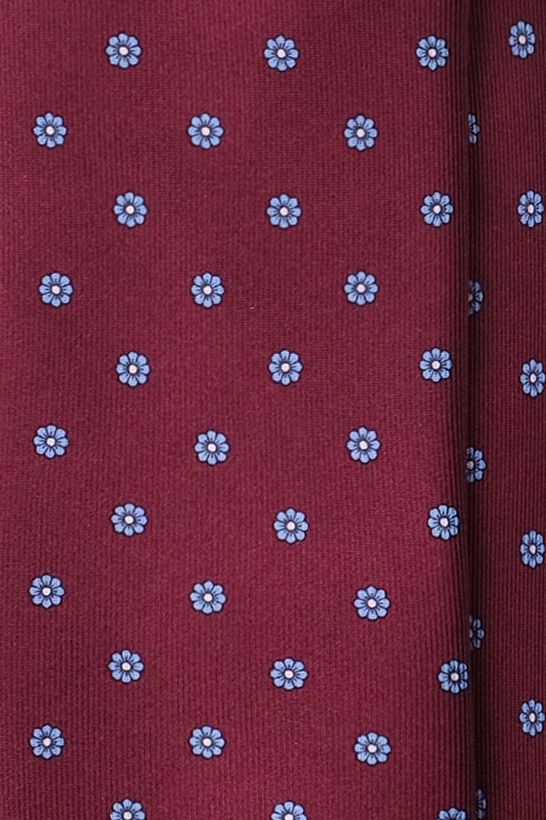3-Fold Floral Printed Silk Tie - Burgundy/Light Blue/White