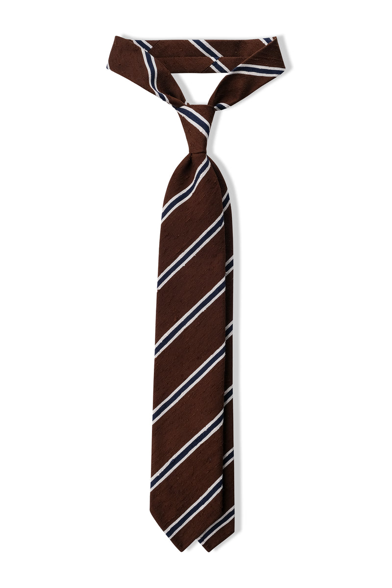 3-Fold Striped Silk Shantung Tie - Brown/Navy/White - Brunati Como®
