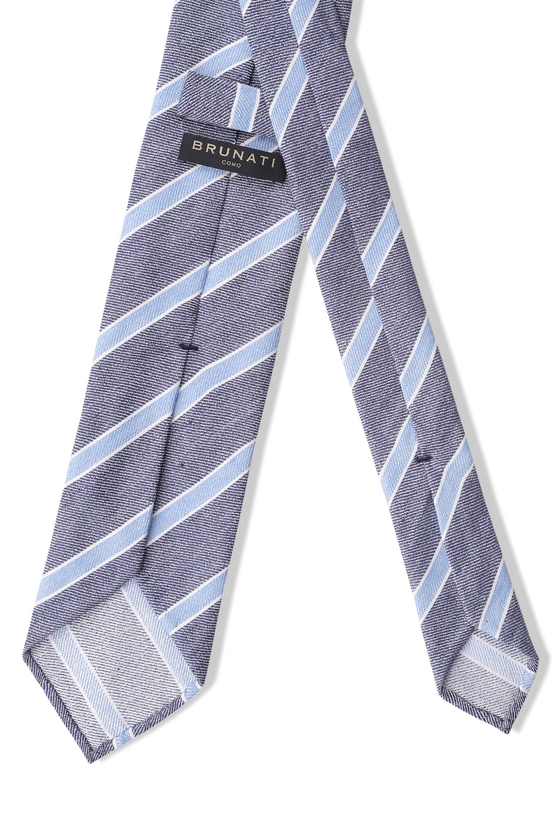 Handrolled Striped Silk Linen Tie - Navy / Light Blue / White - Brunati Como®