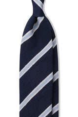 3-Fold Striped Silk Shantung Tie - Navy/Light Blue/White - Brunati Como®