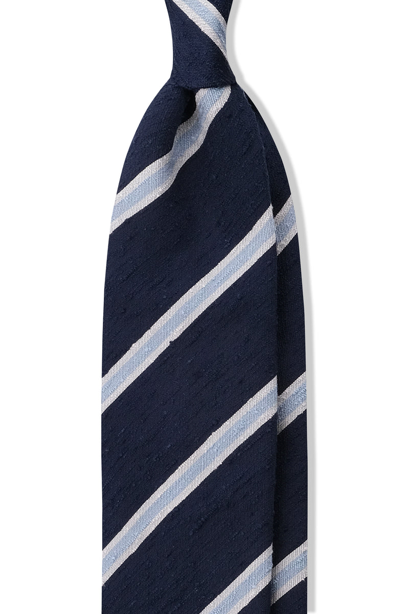 3-Fold Striped Silk Shantung Tie - Navy/Light Blue/White - Brunati Como®
