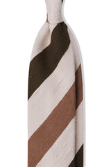 3-Fold Striped Silk Shantung Tie - Olive Green/Beige/Off-White - Brunati Como®