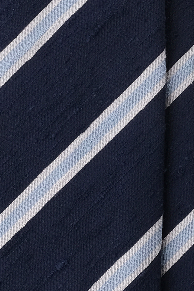 3-Fold Striped Silk Shantung Tie - Navy/Light Blue/White - Brunati Como®