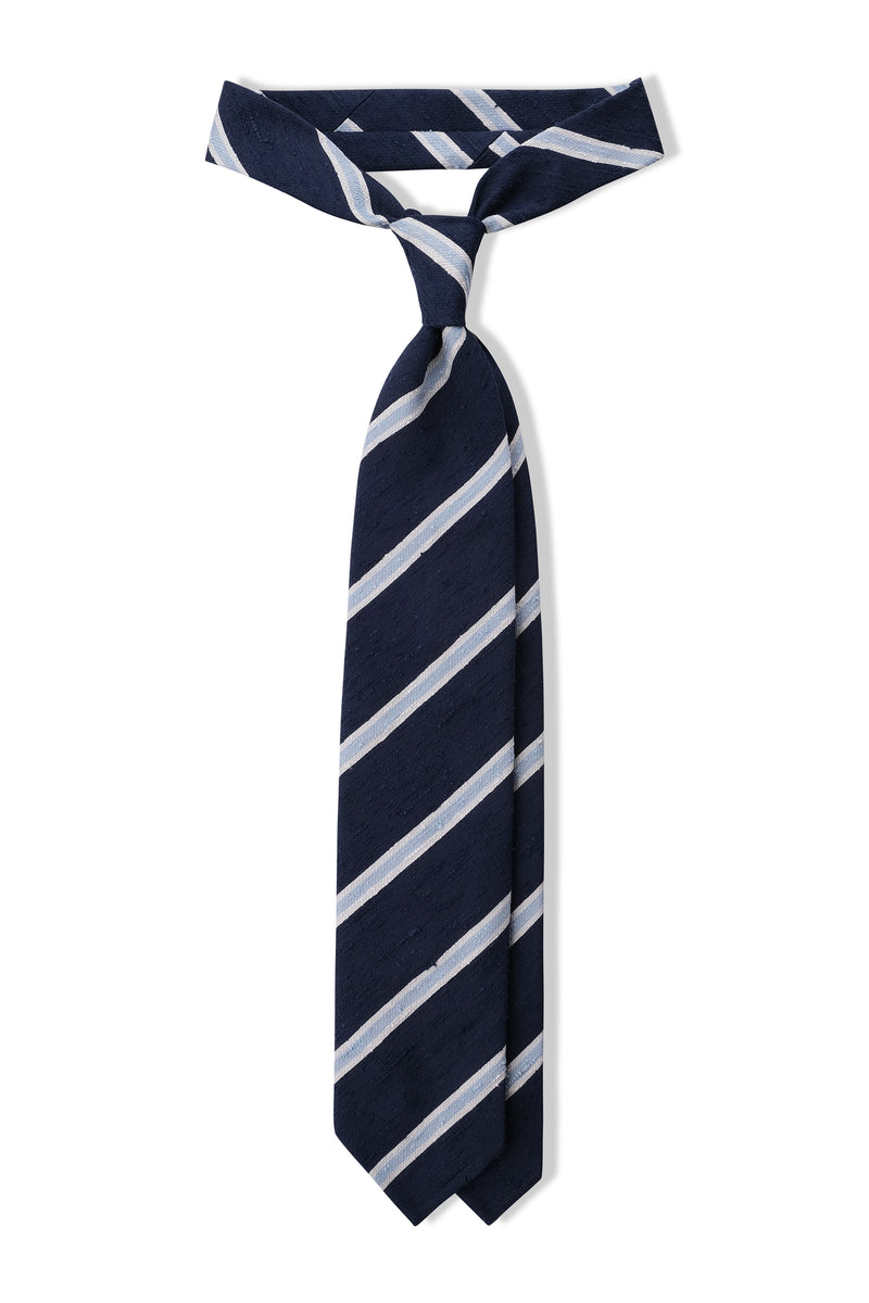 3-Fold Striped Silk Shantung Tie - Navy/Light Blue/White - Brunati Como®