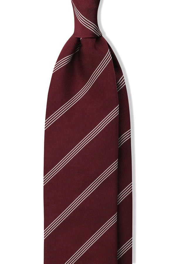 3-Fold Striped Repp Silk Tie - Bordeaux / White