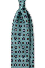3-Fold Floral Patterned Printed Silk Tie - Mint / Brown / Navy