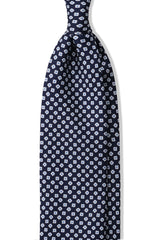 3-Fold Floral Patterned Printed Silk Tie - Navy / Light Blue - Brunati Como®