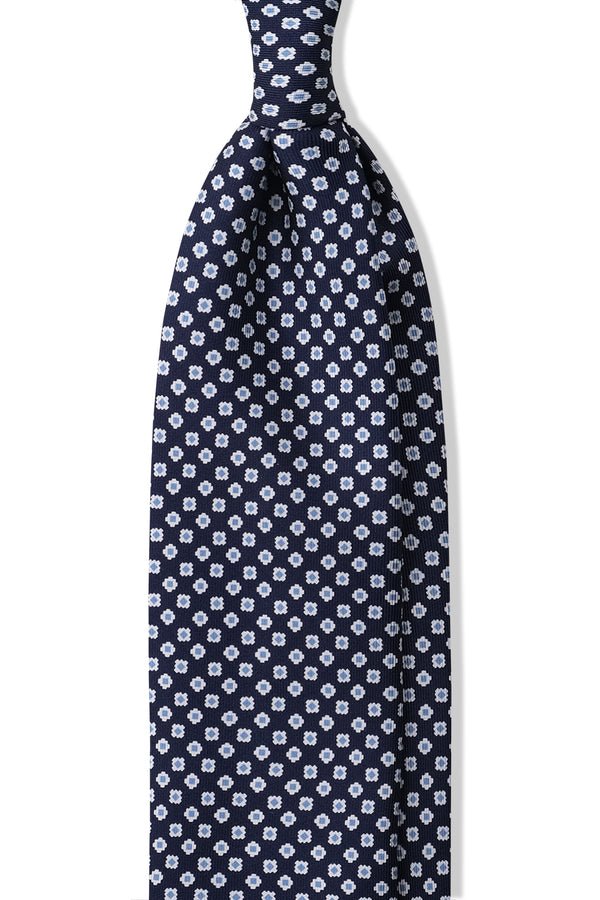 3-Fold Floral Patterned Printed Silk Tie - Navy / Light Blue - Brunati Como®