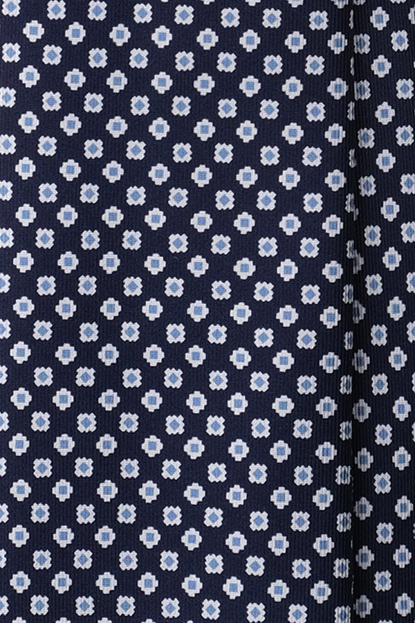 3-Fold Floral Patterned Printed Silk Tie - Navy / Light Blue - Brunati Como®