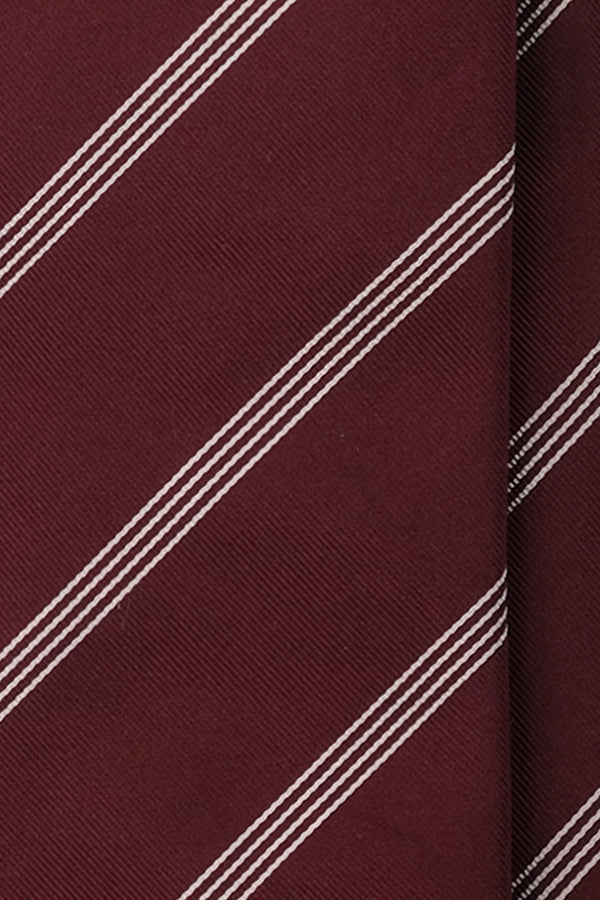3-Fold Striped Repp Silk Tie - Bordeaux / White