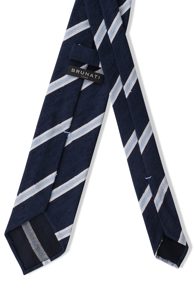3-Fold Striped Silk Shantung Tie - Navy/Light Blue/White - Brunati Como®