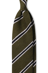 3-Fold Striped Silk Shantung Tie - Olive/Black/White - Brunati Como®