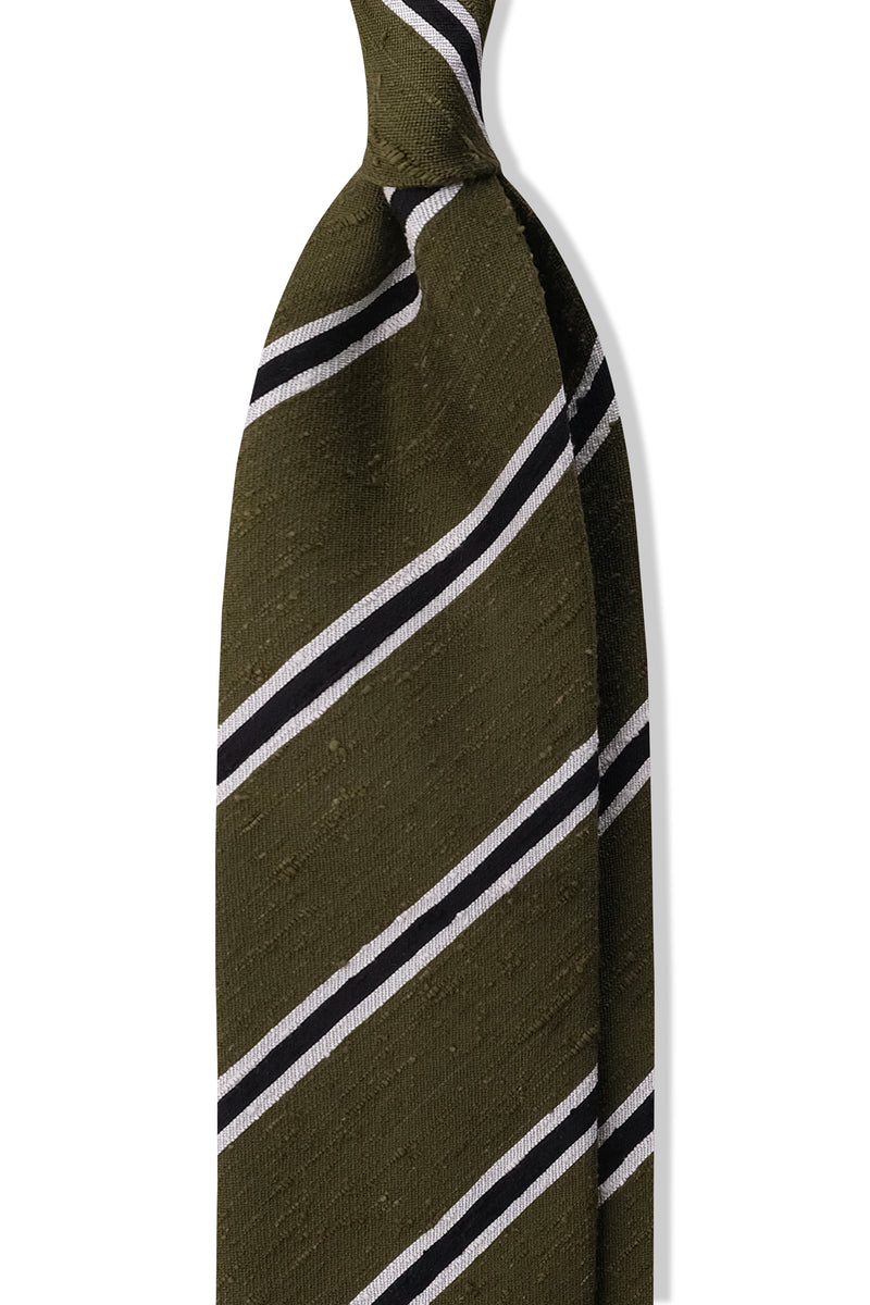 3-Fold Striped Silk Shantung Tie - Olive/Black/White - Brunati Como®