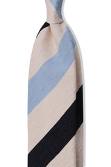 3-Fold Striped Silk Shantung Tie - Light Blue/Navy/Off-White - Brunati Como®