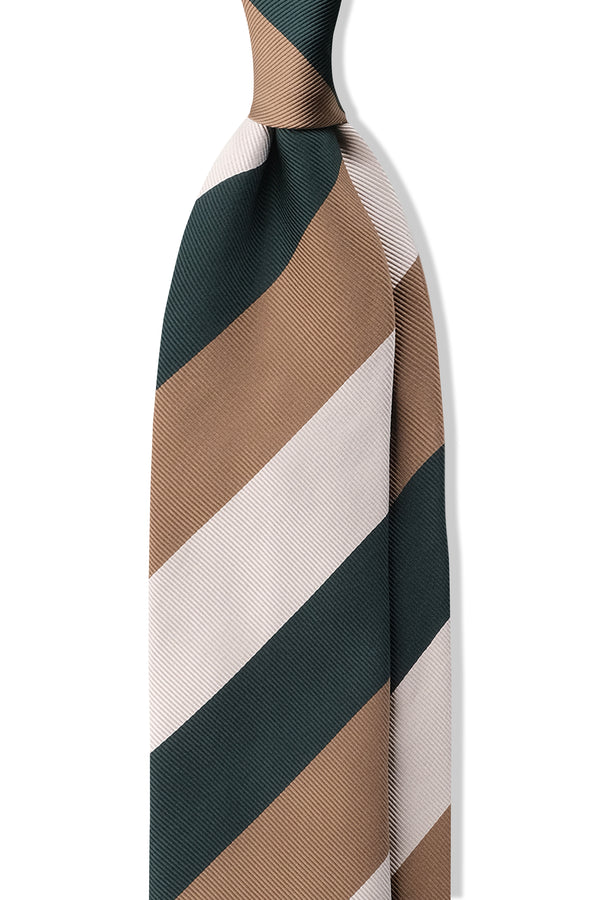 3-Fold Striped Repp Silk Tie - Forest / Beige Gold / White