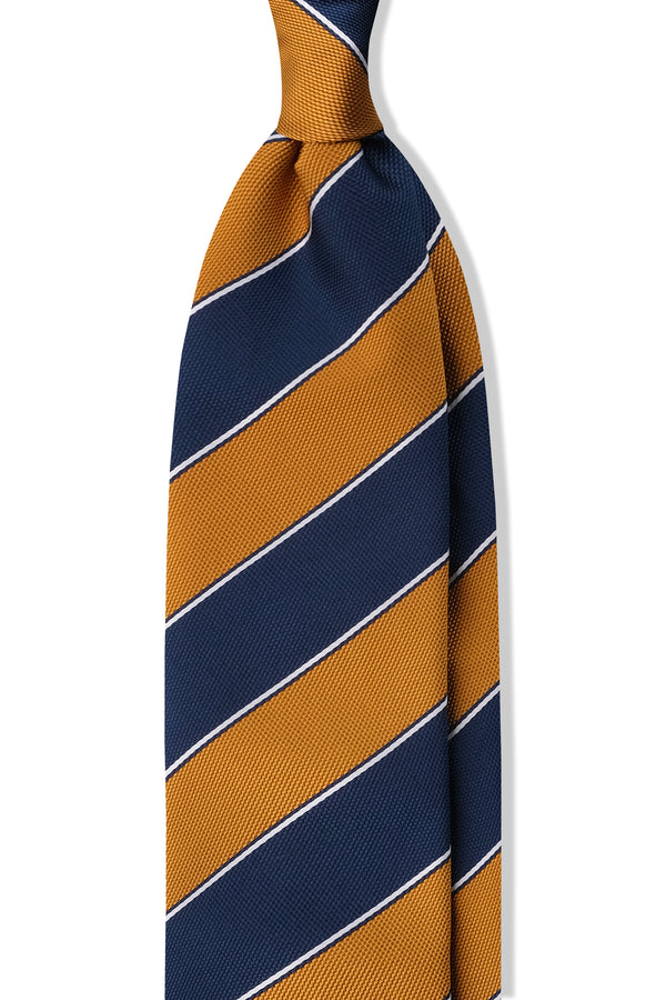 3-Fold Striped Silk Jacquard Repp Tie - Navy/Ocre/White