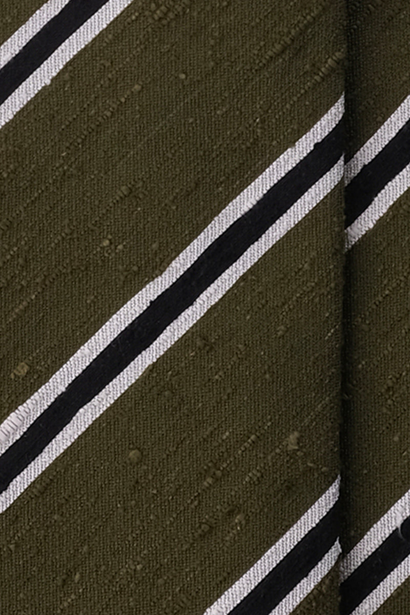 3-Fold Striped Silk Shantung Tie - Olive/Black/White - Brunati Como®