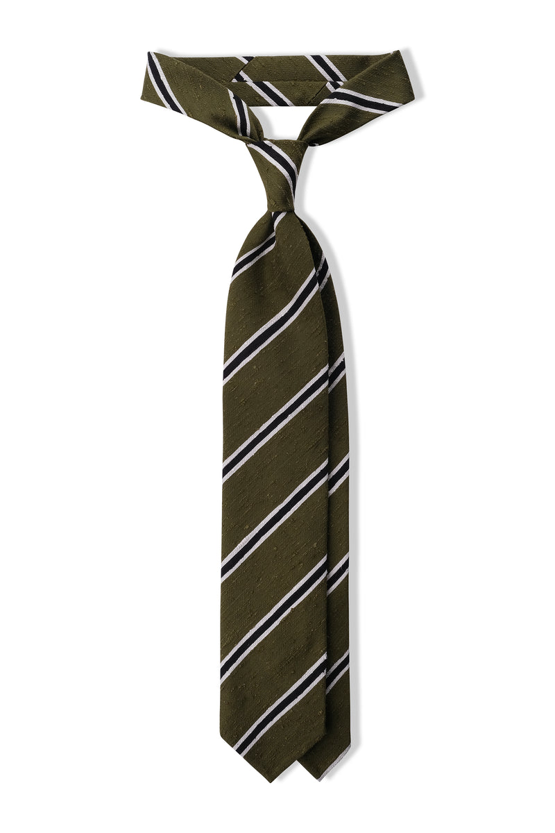 3-Fold Striped Silk Shantung Tie - Olive/Black/White - Brunati Como®