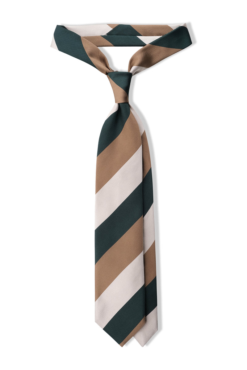 3-Fold Striped Repp Silk Tie - Forest / Beige Gold / White