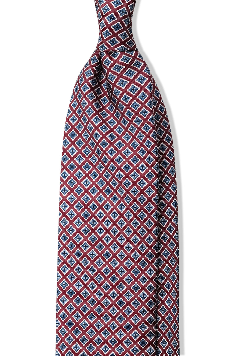 3-Fold Ornamental Pattern Printed Silk Tie - Red/White/Blue/Navy - Brunati Como®