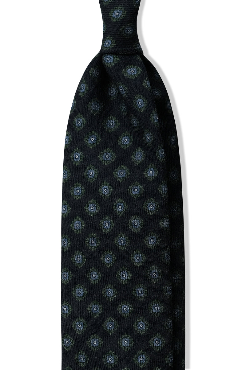 3-Fold Floral Macclesfield Wool Tie - Dark Navy / Green / Light Blue - Brunati Como®