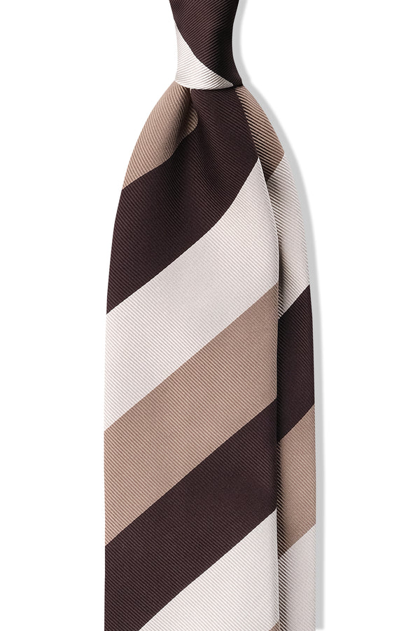 3-Fold Striped Repp Silk Tie - Brown / Beige Gold / White