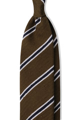 3-Fold Striped Silk Shantung Tie - Olive/Navy/White - Brunati Como®