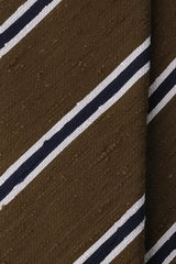 3-Fold Striped Silk Shantung Tie - Olive/Navy/White - Brunati Como®