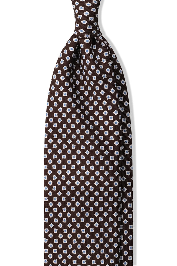 3-Fold Floral Patterned Printed Silk Tie - Brown / Light Blue - Brunati Como®