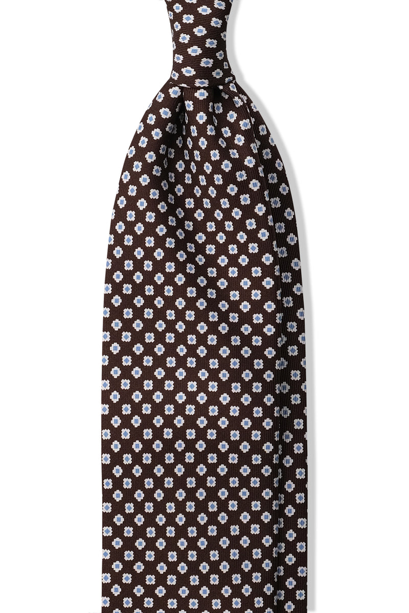3-Fold Floral Patterned Printed Silk Tie - Brown / Light Blue - Brunati Como®