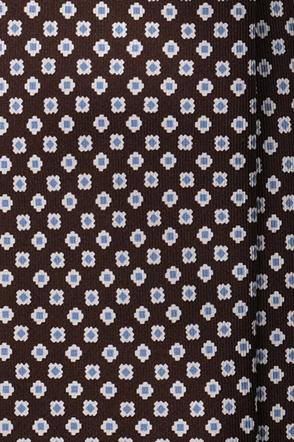 3-Fold Floral Patterned Printed Silk Tie - Brown / Light Blue - Brunati Como®