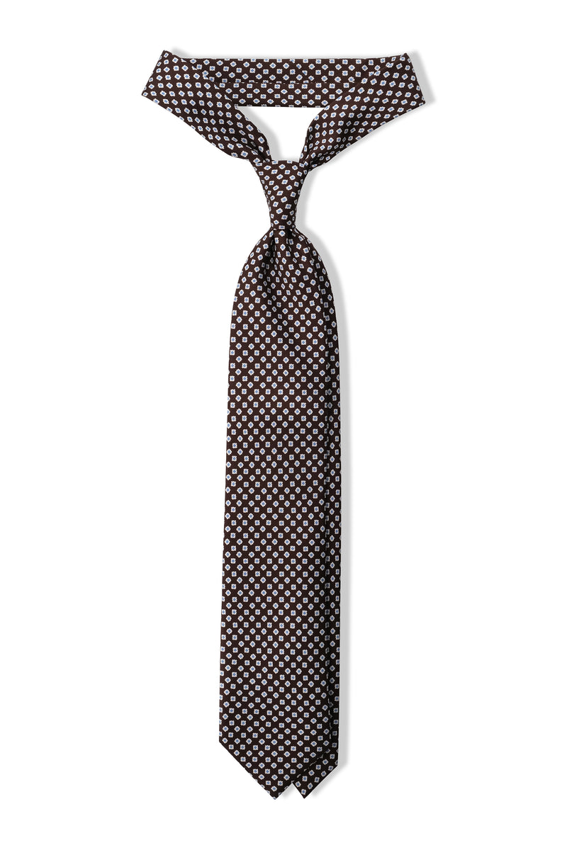 3-Fold Floral Patterned Printed Silk Tie - Brown / Light Blue - Brunati Como®