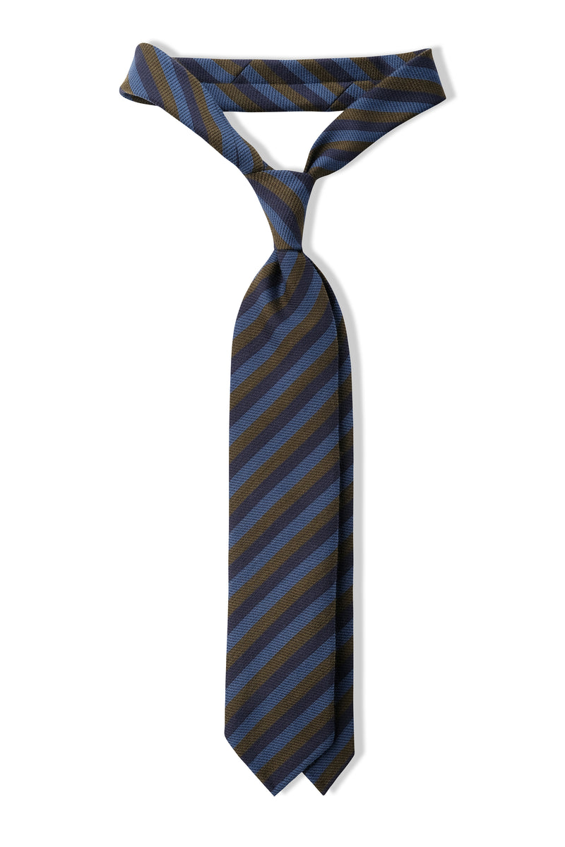 3-Fold Striped Silk Wool Tie - Navy/Royal Blue/Olive - Brunati Como®